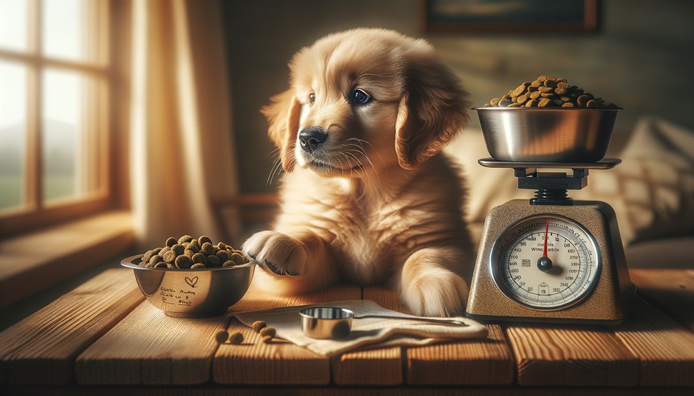 Large-breed puppy eating measured meal from bowl on kitchen scale, weekly weight tracking. feeding