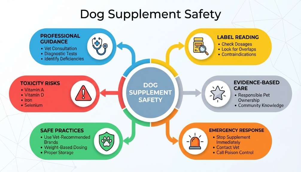 Infographic topical map illustrating dog supplement safety with six key areas: professional guidance, label reading, toxicity risks, safe practices, emergency response, and evidence-based care.